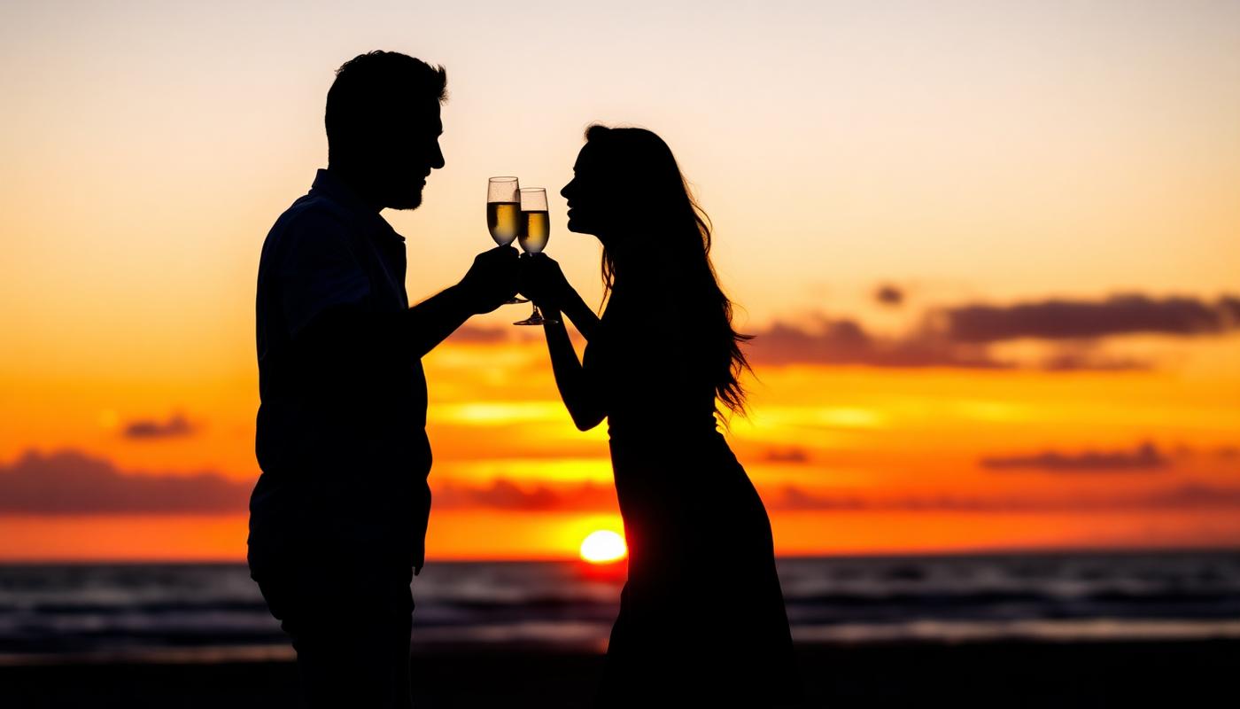 Couple toasting champagne at sunset on the beach