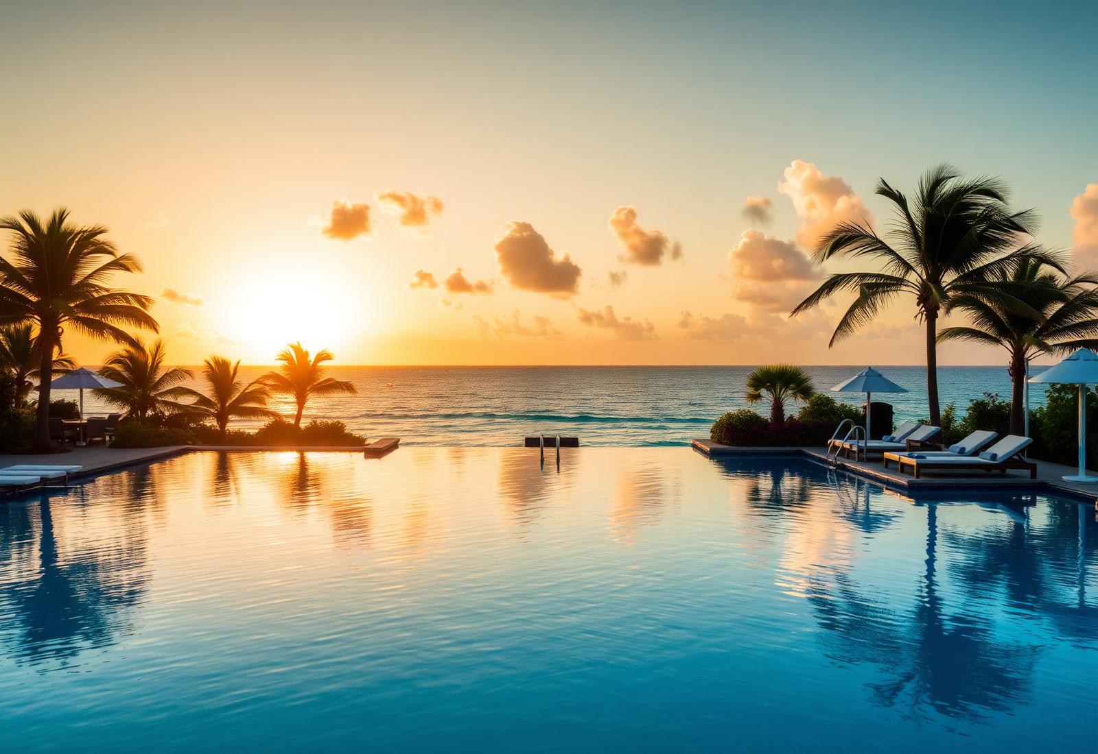 Infinity pool at an all-inclusive beach resort at sunset